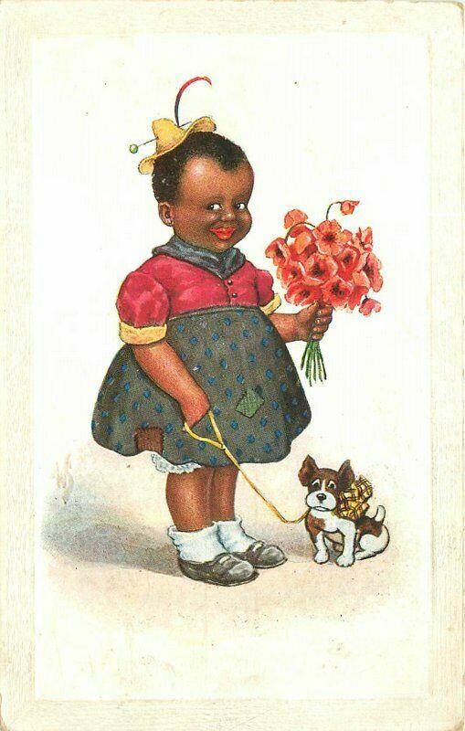 Artist impression 1911 Cute Black Girl Dog comic Postcard 5514