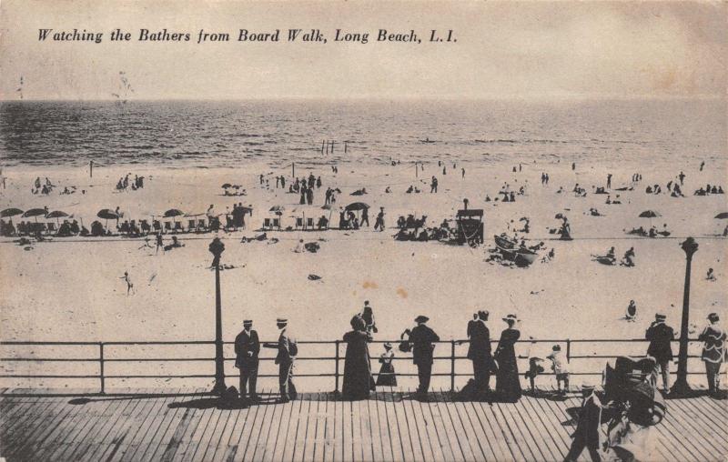 LONG BEACH L I NY~WATCHING BATHERS FROM BOARDWALK-CHAS E DE MOTT PHOTO POSTCARD 