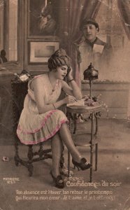 Vintage Postcard Pretty Lady Writing To His Man Missing Someone Special Romance