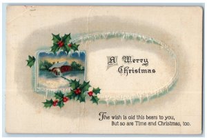 Christmas Postcard Holly Berries Mill Winter Scene Embosses Newton KS 1922