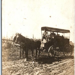 c1900s Man Horses & Wagon RPPC Traveller Delivery? Real Photo PC Carriage A125