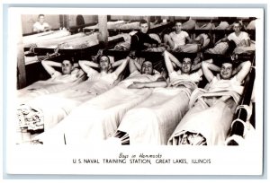 Boys In Hammocks US Naval Training Station Great Lakes IL RPPC Photo Postcard