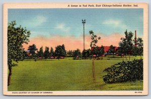 Linen~East Chicago-Indiana Harbor IN~Tower & Lawn Scene In Tod Park~1940s PC