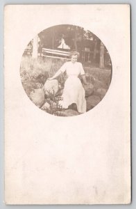 Hospers Iowa RPPC Edwardian Woman On Rocks At Lakes To Mendota IL Postcard T23