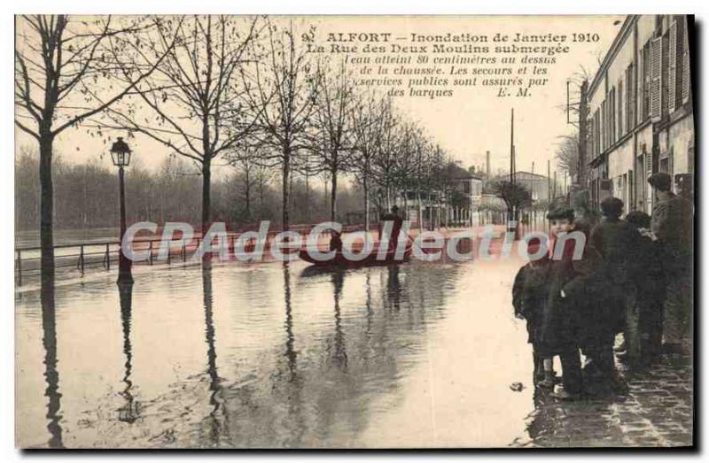 Postcard Old Alfort Flood From January 1910 Rue Des Deux Moulins submerged