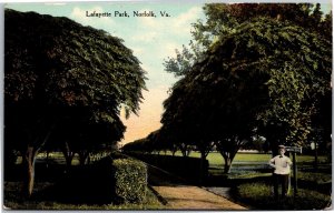 Postcard VA Norfolk Lafayette Park boy standing next to zoo sign