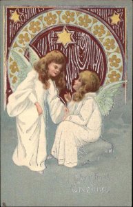 Tuck Christmas Little Girl Angels Ornate Border Embossed c1910 Vintage Postcard