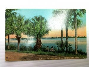 Vintage Postcard Sunset on the Halifax River Daytona Palm Trees Water Florida FL