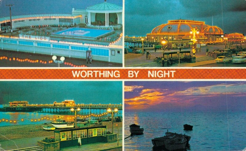 UK Worthing By Night Multiview Vintage Postcard 07.38 