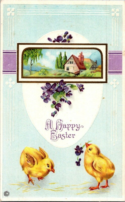 Baby chicks violets pretty cottage deco Easter vtg postcard