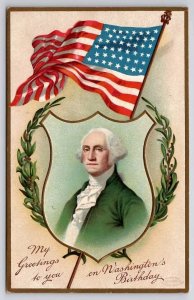 George Washington Portrait In Shield American Flag Postcard E37