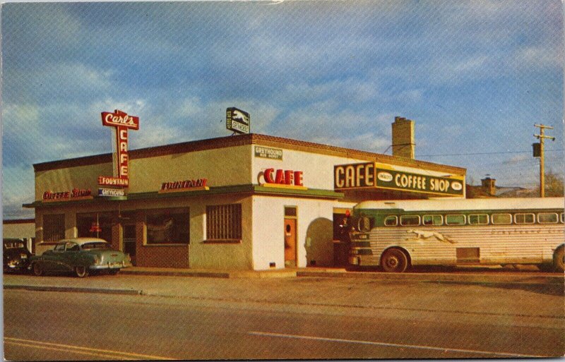 Postcard Carl's Cafe and Greyhound Bus Depot in Elko, Nevada