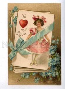 187190 VALENTINE To my Love Girl Flowers Vintage EMBOSSED PC