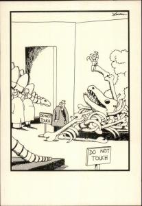 Vintage Gary Larson FAR SIDE 1980s Postcard gfz MAN BREAKS DINOSAUR DISPLAY