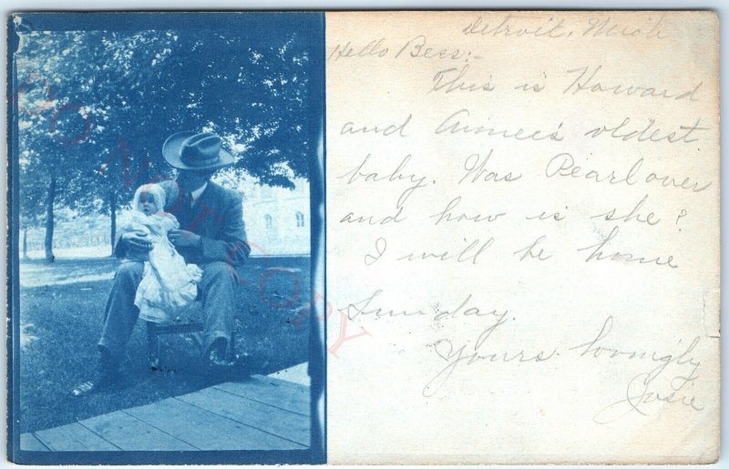 1906 Detroit, MI Cyanotype Man Cute Baby Outdoors RPPC Real Photo Postcard A111