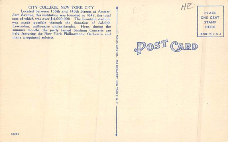 City College New York City, New York NY Postcards