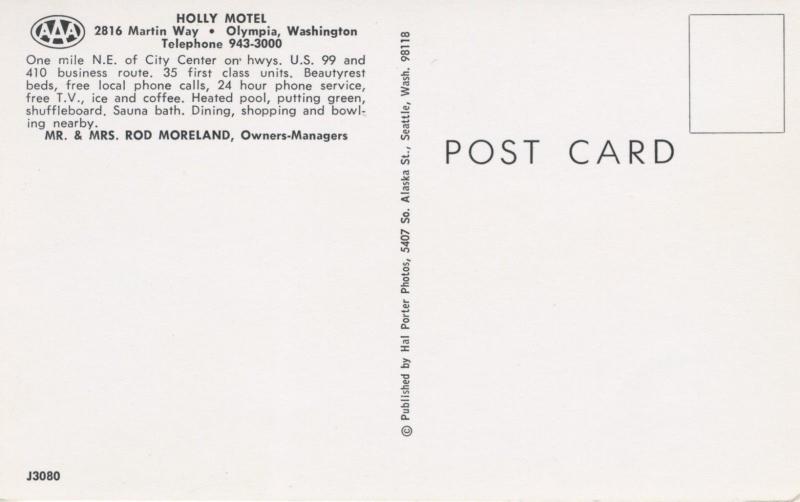 Holly Motel Olympia WA US 99 AAA Rod Moreland Motels Vintage Postcard D3