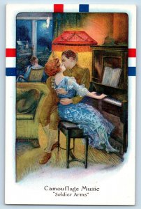 Romance Postcard US Navy Couple Kissing Camouflage Music Soldier Arms Embossed