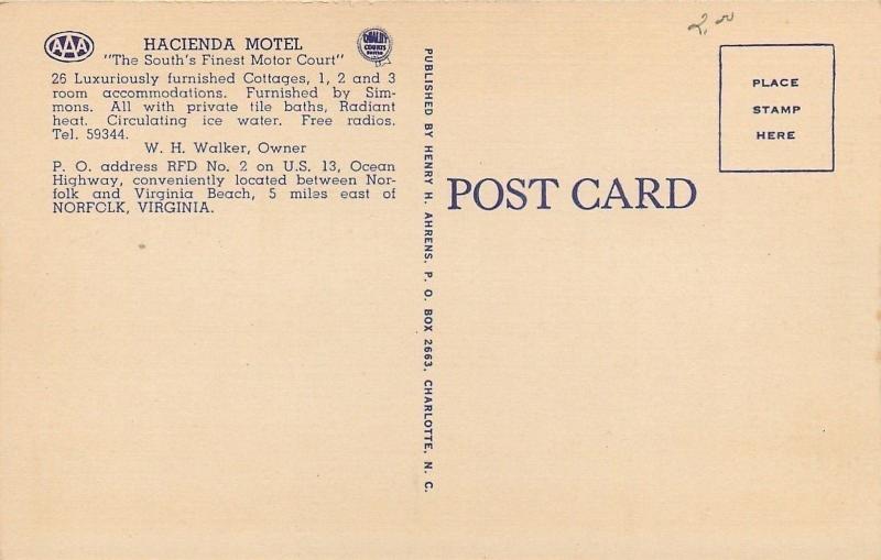 Norfolk Virginia~Hacienda Motel on Ocean Highway~Linen Roadside Postcard