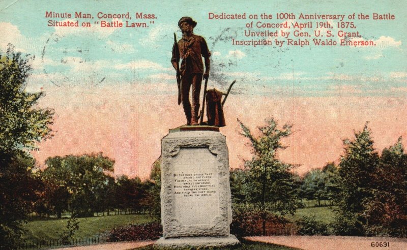 Concord MA-Massachusetts, 1914 Minute Man Battle Lawn Statue Vintage Postcard