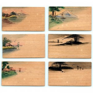 Handmade Balsa Wood Stock Trade Cards Hand Drawn Color LOT of 6 Japan China C13