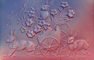 Easter Greetings - Rabbits towing Egg Wagon of Flowers and Bunny - pm 1908 - DB