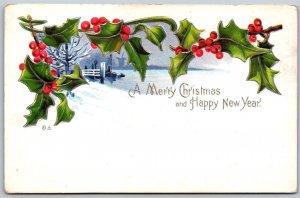 Vtg Merry Christmas Greetings Holly Lake View Winter Embossed 1910s Postcard