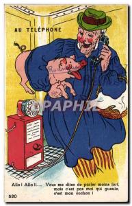 Old Postcard Fantasy Humor Pig In Pig phone