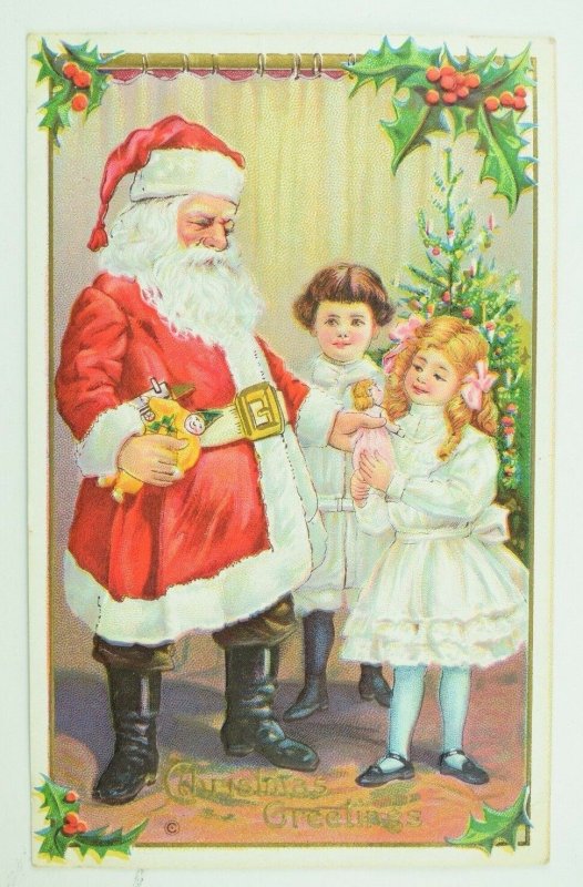 C.1900-10 Embossed Santa Claus Children Cute Christmas Tree Vintage Postcard F56