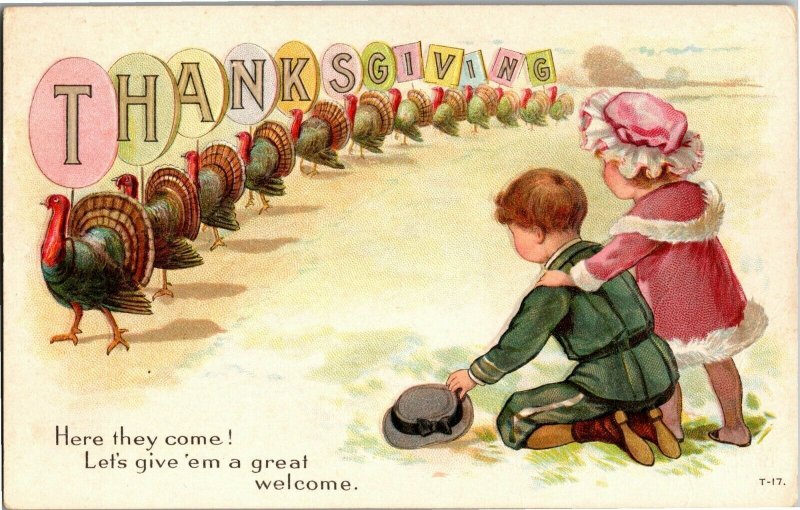 Thanksgiving Turkeys on Parade, Let's Give 'Em a Welcome Vintage Postcard U34