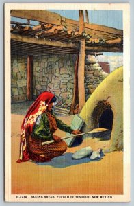 Vintage New Mexico Postcard -  Native American Indian Baking Bread  Pueblo