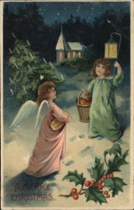 Christmas Little Girl Meets Child Angel at Night c1910 Vintage Postcard
