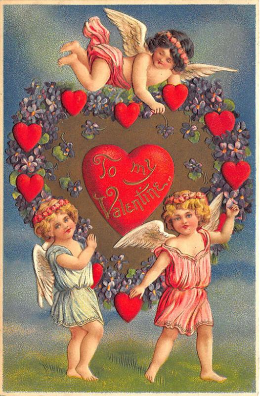 Valentine's Day Greetings  Cupids Arranging Hearts Embossed 1911 Postcard