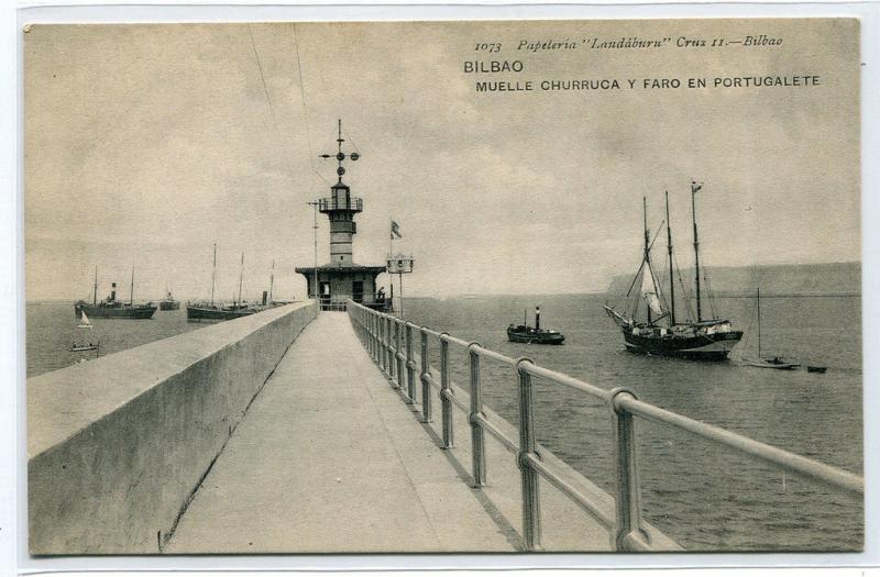 Muelle Churruca Sea Wall Lighthouse Faro Sailing Ship Bilbao Spain postcard