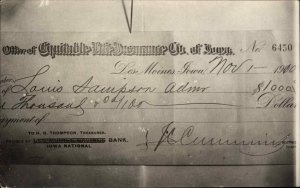 Des Moines IA National Bank Check Money Insurance Co c1910 Real Photo Postcard