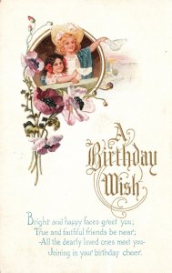 Vintage Postcard 1915 A Birthday Wish Angels Pansies Messages Greetings Wishes