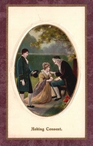 Vintage Postcard 1910's Asking Consent Man and Woman with Her Father Lovers Art