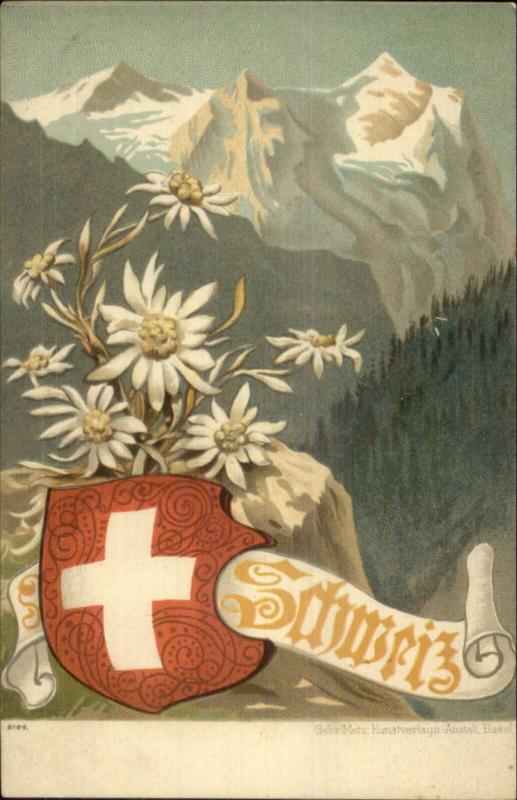 Swiss Red Cross Shield Schweiz Mountains Flowers c1900 Postcard