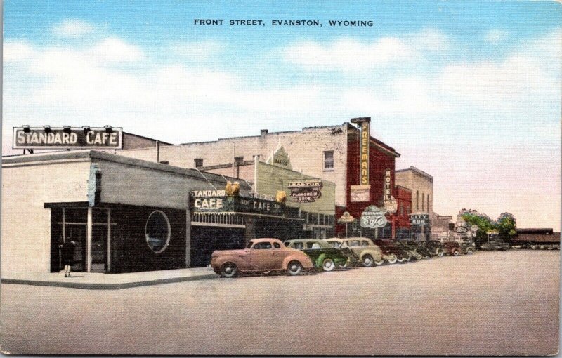 Linen Postcard Front Street in Evanston, Wyoming~1634 