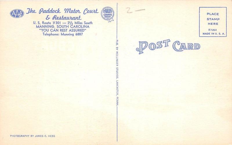 B53/ Manning South Carolina SC Postcard Linen The Paddock Motor Court Roadside