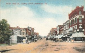 Henderson KY Main Street Storefronts Horse & Wagons Trolley Tracks Postcard