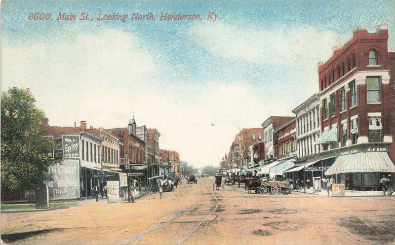 Henderson KY Main Street Storefronts Horse & Wagons Trolley Tracks Postcard