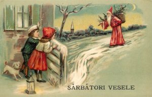 Christmas greetings embossed fantasy postcard children waiting Santa Claus