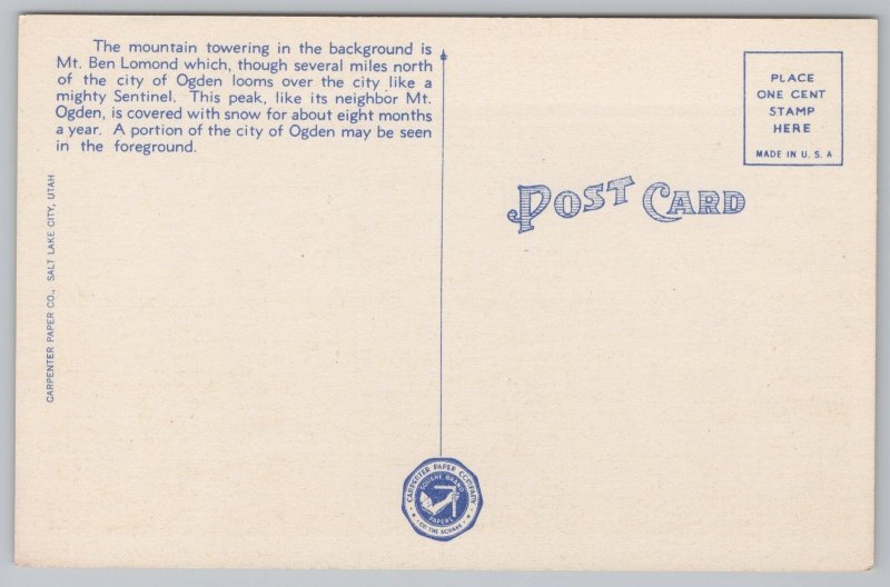 Linen~Snow-Capped Mt Ben Lomond Ogden Utah~Vintage Postcard