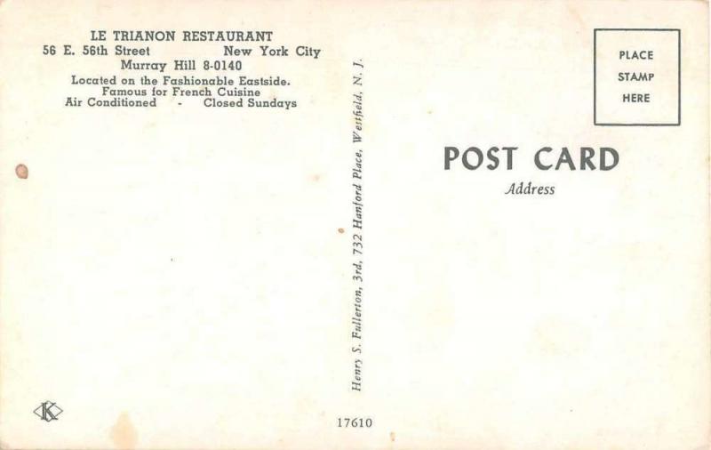 New York City Le Trianon Restaurant Interior View Vintage Postcard J54911