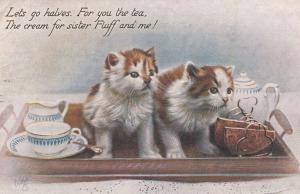 Cat Coffee Morning Tea Party Pouncing Old China Set Oilette Postcard