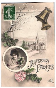 Colorized French Postcard  Joyeuse Pâques Happy Easter Winter Scene Woman 1913