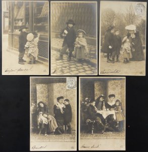 HUNGRY CHILDREN BOY & GIRL LOOK AT FOOD IN SHOP WINDOW c1904 set of 5 UB By J.M.