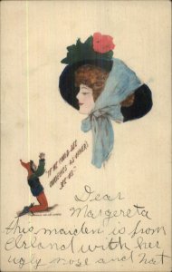 Beautiful Woman & Tiny Jester Man c1910 Hand Colored Postcard 