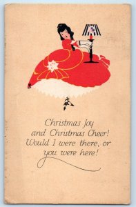 Volland Signed Artist Postcard Christmas Girl Red Gown With Lamp c1910's Antique